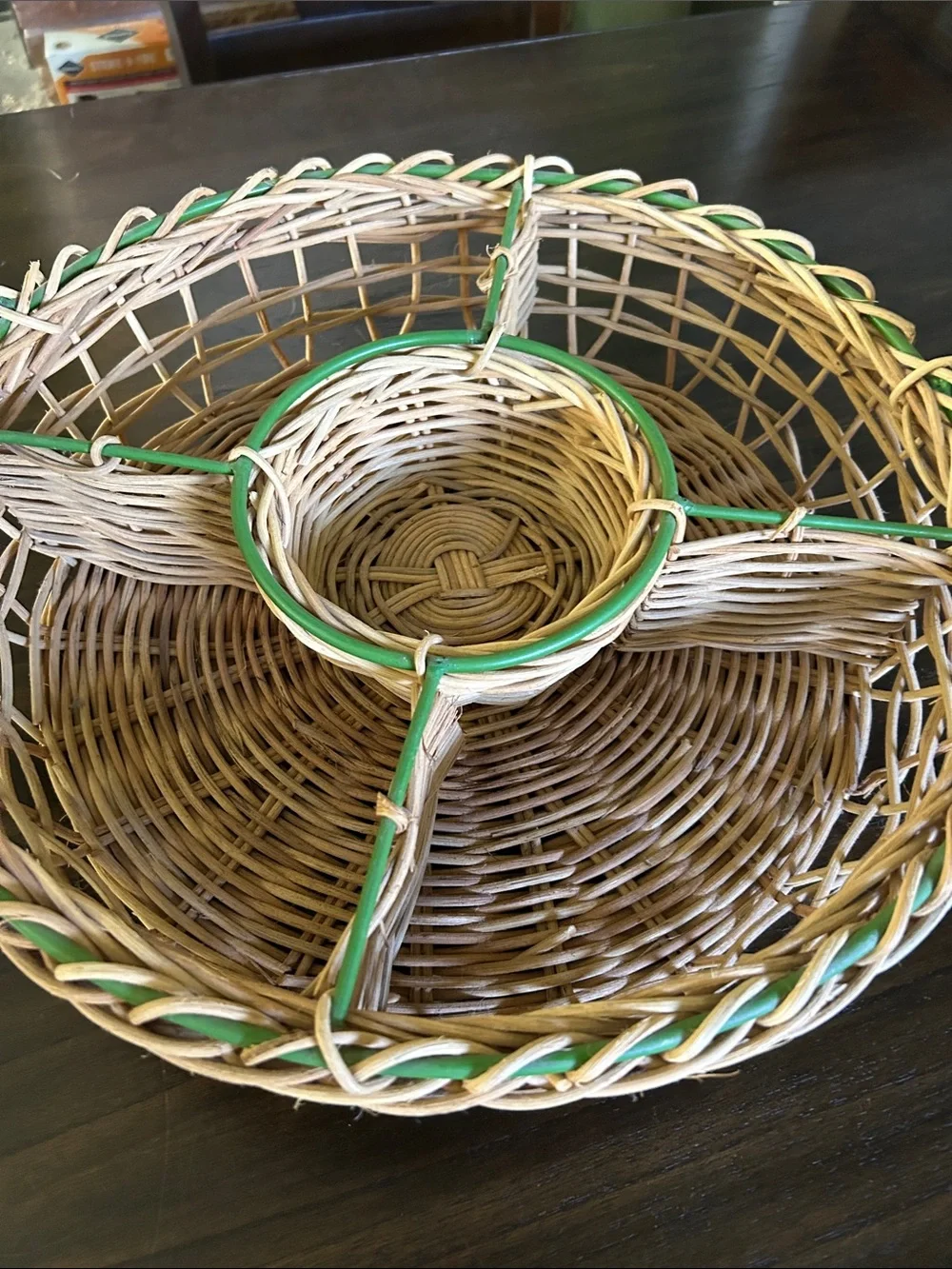 Woven Wicker Divided Serving Basket with Green Trim and Colorful Fish Accents